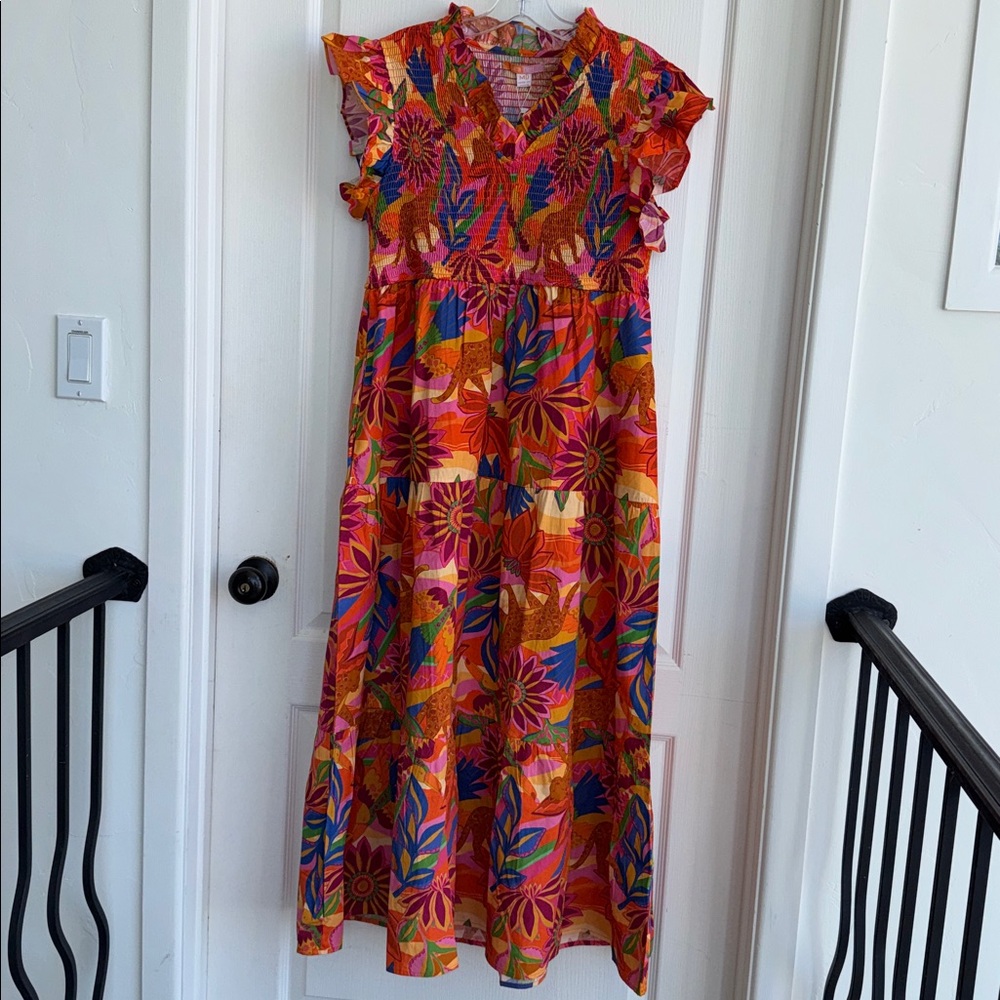 Lilly Dress- Tropic Bright Floral Ruffle Sleeve Maxi Dress - Multi